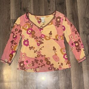 Odille Floral V-Neck Top in Pink, Peach, and Brown